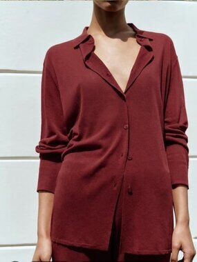 Zara Solid Knit Oversized Flowy Button Down Cardigan Sweater Burgundy Red M